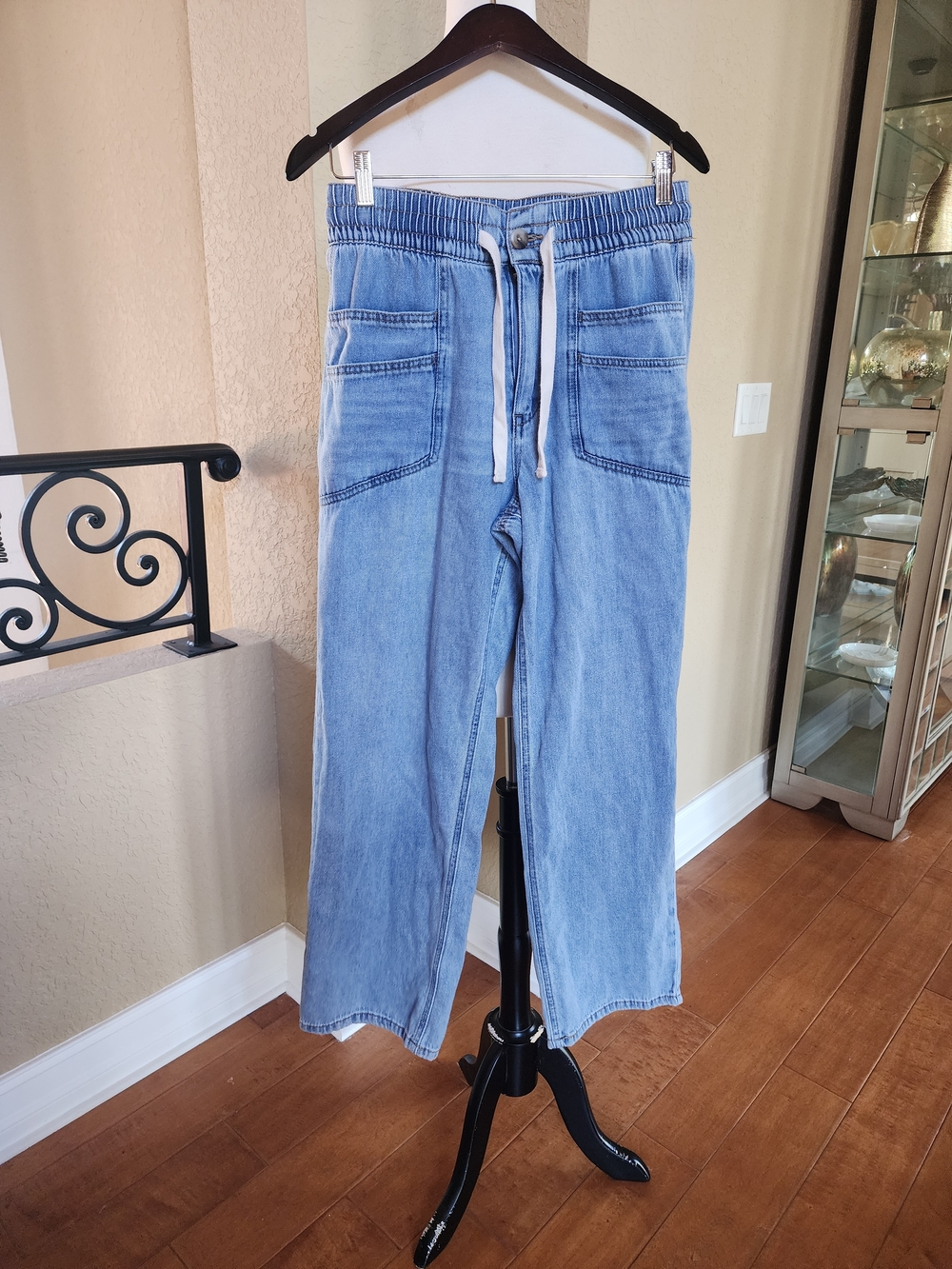 Light Blue Drawstring High-Rise Wide-Leg Jeans